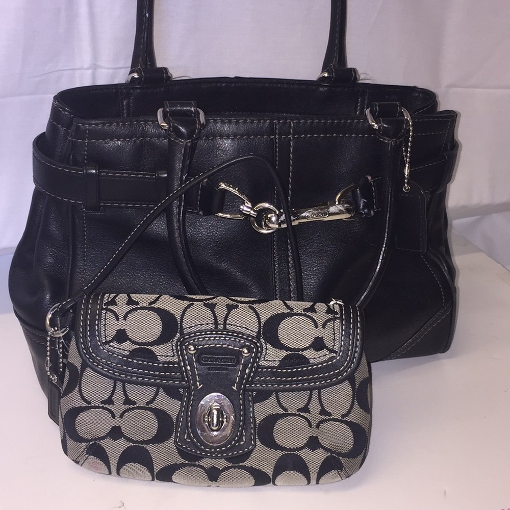 Black Leather Coach Handbag & Black/Gray Wristlet